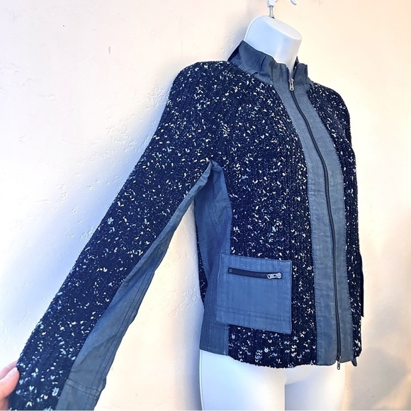 ST JOHN Mixed Media Santana Knit and Chambray Trimmed Zippered Jacket Size S - Picture 2 of 13